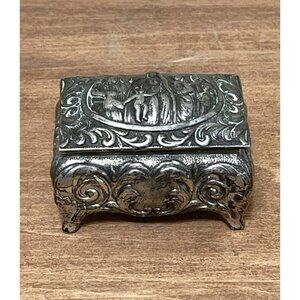 Ornate Silver Tone Jewelry Trinket Box Footed Red Velvet Line Box Japan Tiny